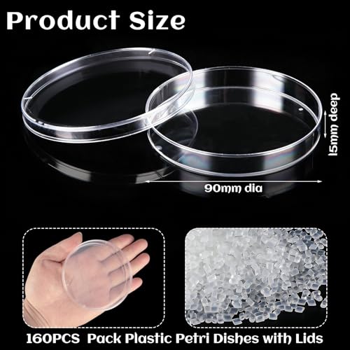 160 Pack Petri Dishes with Lids, 90mm Dia x 15mm Deep Plastic Sterile Container, Clear Plastic Petri Dishes for Science Experiment Lab Analysis Equipment School Projects Supplies