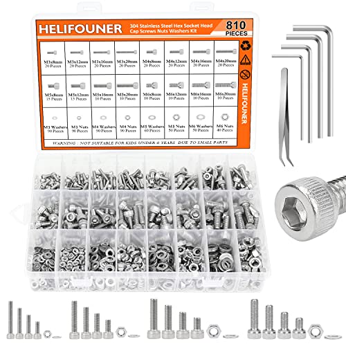 HELIFOUNER 810 Pieces M3 M4 M5 M6 304 Stainless Steel Hex Socket Cap Metric Screws Bolts Washers Nuts Hardware Assortment Kit with Hex Wrenches - size: M3 M4 M5 M6 (810 Pieces), style: Socket Head Screws