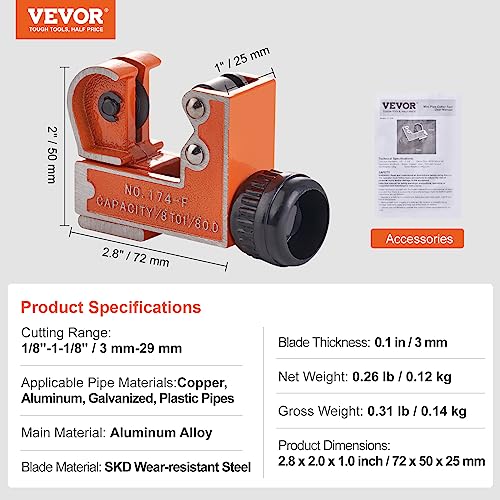 VEVOR Mini Copper Tubing Cutter, Mini Tubing Cutter for 1/8 to 1-1/8 Inch Copper Tubing, Heavy Duty Portable Tube Cutter with High-Speed SKD Blade for Aluminum, Plastic, Galvanized Pipes - size: 1/8"-1-1/8" O.D.