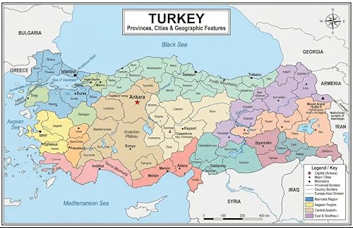 Turkey Map Poster 11x17 | Laminated Double-Sided Geography Chart with Color Map Front & Blank Outline Back | Reusable Classroom & Homeschool Learning Tool - color: Turkey