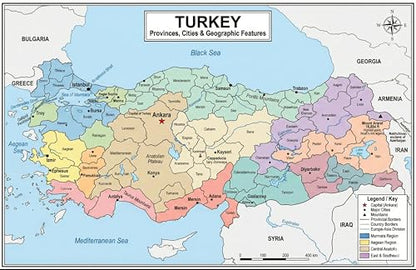 Turkey Map Poster 11x17 | Laminated Double-Sided Geography Chart with Color Map Front & Blank Outline Back | Reusable Classroom & Homeschool Learning Tool - color: Turkey