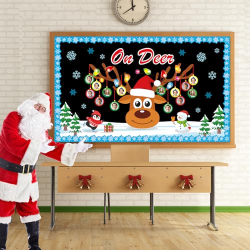 Christmas Reindeer Bulletin Board Set Winter Deer Bulb Classroom Decoration Xmas Large Elk DIY Photo Crafts Cutouts Snowflakes Bulletin Board Border for Holiday Party Classroom Wall Decor - style: Christmas Reindeer