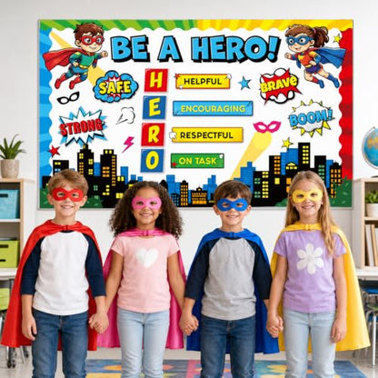 Hero Themed Mental Health Bulletin Board Set Super Themed Positive Classroom Decor Inspirational Heroes Sayings Cityscape Cutouts for Back to School Party Classroom Home Chalkboard Wall Door Decor - style: Be A Hero
