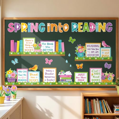 Qilery Spring Bulletin Board Reading Classroom Decor Spring Reading Cutouts - style: Spring into Reading