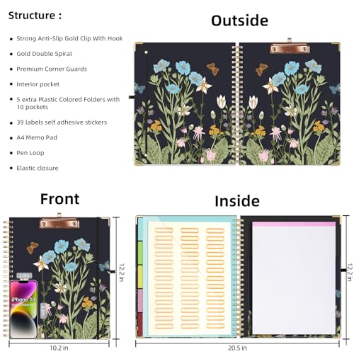 Ospelelf Clipboard with Storage 8.5 X 11，Padfolio Organizer, Spiral Portfolio Letter Size with Notepad, Pen Holder, 5 Extra Folder Divider Pages, Elastic Closure Nurse Essentials (Night Flowers) - color: Night Flowers