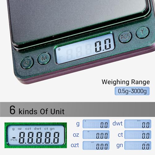Fuzion Small Gram Scale 3000g, Digital Kitchen Food Scale, Gram and Ounce - color: Ombré Purple-Green