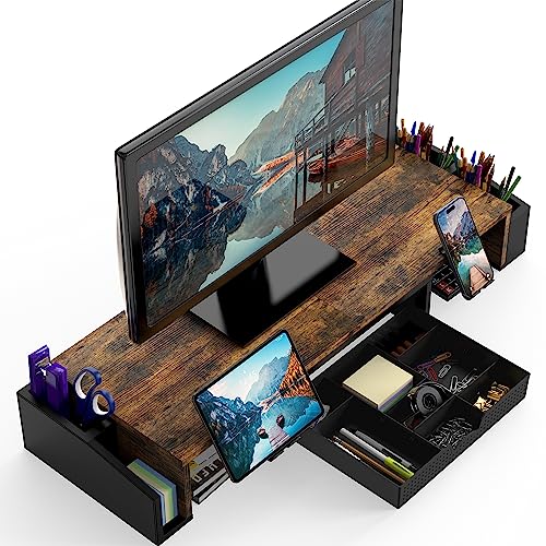 Simple Houseware Desk Dual Monitor Stand Riser with Drawer, Rustic Brown - color: Rustic Brown
