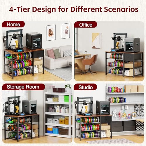 3D Printer Stand with Filament Storage Rack, 3D Printer Table with Power Outlet, 3-Tier Filament Holder with Drawer, 3D Printer Filament Stand Organized for Office Workshop Studio Office - color: Brown 4-Tier-Original