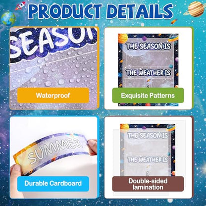 Outer Space Galaxy Season and Weather Calendar Bulletin Board Season Calendar Posters with Weather Cards Hook and Loop Dots for Classroom Wall Decor Preschool Kindergarten Student Teacher Supplies - style: Outer Space Galaxy