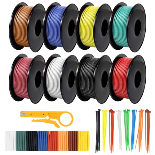 26 AWG Stranded Wire Spool, 16.5ft Each in 8 Colors - Silicone Electrical Tinned Copper Wire, 26 Gauge Flexible Hook Up Wire Kit for DIY, Automotive, Home, and Power Wiring - size: 16.5FT 8 Colors, style: 26AWG