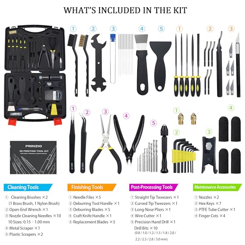 61-Piece 3D Printer Tool Kit with Hard Case, Deburring Tool, Craft Knife, Hand Drill, Needle Files, Scrapers, Nozzle Cleaning Needles & PTFE Tube Cutter for FDM/SLA Printers