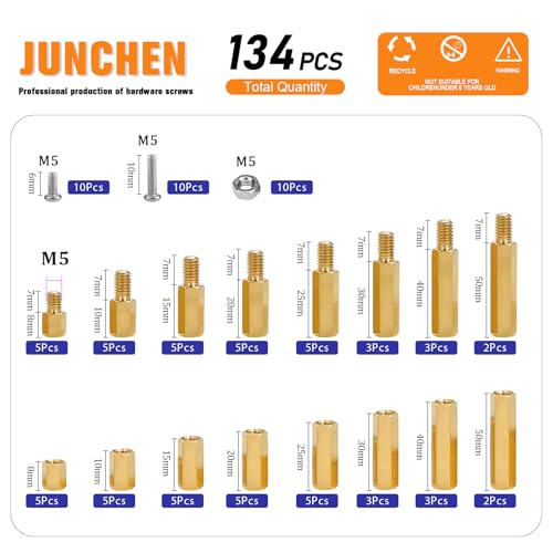 134 Pieces M5 Male Female Hex Brass Standoffs Spacers Screws Nuts Kit,Brass Standoff Spacer Screw Nut Bolt Assortment Kit for PCB Motherboard,DIY Computer Build, Electronic Projects, Circuit Board - size: M5