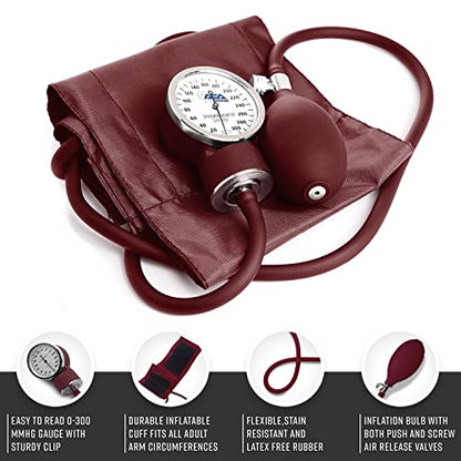 ASA TECHMED Nurse Essentials Professional Kit with Handheld Travel Case | 3 Part Kit Includes Adult Aneroid Sphygmomanometer Blood Pressure Monitor, Stethoscope, Diagnostic Otoscope (Maroon) - color: Maroon
