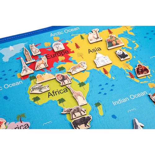 Montessori Continents Playmat with Matching Wooden Cards, World Map Matching Game for Kids 4-8 Years Old, Educational Play Mat, Geography Learning Activity Toy with 41 Animals & Landmarks