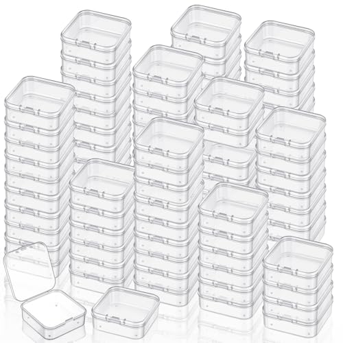 100 Pcs Small Plastic Bead Storage Containers with Lids - Clear Hinged Organizer Boxes for Jewelry, Crafts, Beads, DIY Supplies, Hardware, Pills & Small Parts Organizing (2.14” x 2.14” x 0.8”)