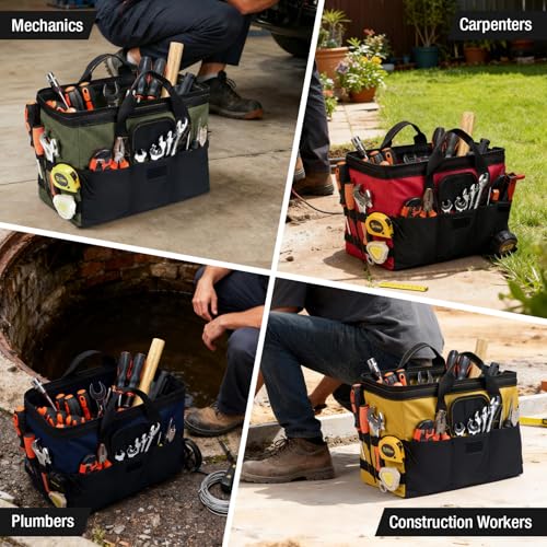 HISEA 3 Pack Heavy Duty Tool Bag, 16-Inch Waterproof Tools Organizer Tote - color: Red, Navy, Green, size: 16 Inch