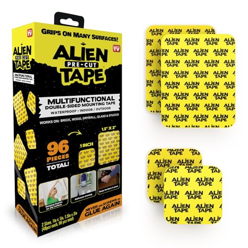 ALIEN TAPE Pre Cut 96 Piece Set Double Sided Tape Multipurpose Removable Adhesive Transparent Grip Mounting Strips Washable Strong Sticky Heavy Duty for Carpet and Crafts