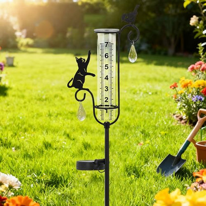 33in Solar Cat Bird Rain Gauge Metal Garden Stake Black Sculpture Decor - color: Cat