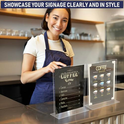 Acrylic Sign Holder 8.5 x 11, T-Shape Tabletop Display Stand, Double-Sided Bottom Load Portrait Frame, Menu and Ad Holder for Restaurants, Promotions, Photos, or Classrooms, Durable Design (3 Pack)