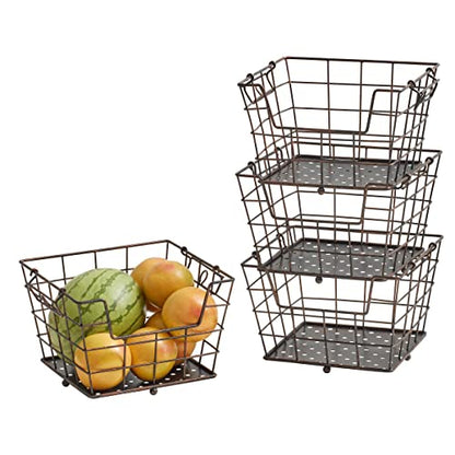 Mikasa Gourmet Basics Ferme 4-Tier Market Basket - Antique Black Wire and Acacia Wood Handle, Kitchen Fruit Vegetable Storage Organizer, 13.5 x 11.5 x 51 Inches - style: Ferme
