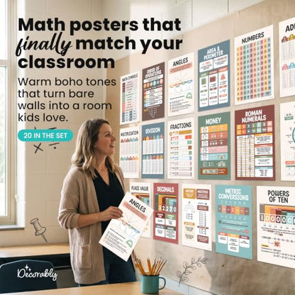 Decorably 20 Boho Math Posters for Classroom, 11x17in