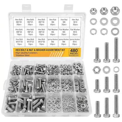 480Pcs Metric M6 M8 M10 Hex Bolts Nuts Washers Assortment Kit
