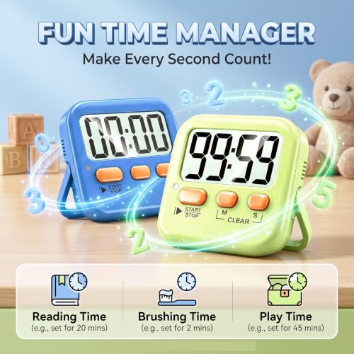 Antonki 2 Pack Digital Timer for Kids Classroom Kitchen Timers for Cooking - color: Green+ Sky Blue
