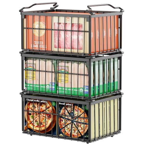 Freezer Organizer Bins, 3 Pack Enlarged Baskets for 5-9 Cu.FT Deep Freezer - color: black 3 pack