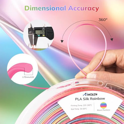 AMOLEN Silk PLA 3D Printer Filament, Shiny Multicolor Rainbow 1.75mm, 1KG - color: Bloom