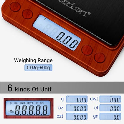 Fuzion Digital Scale .01 Gram Accuracy, 500g Small Kitchen Food Scales - color: Wood Grain