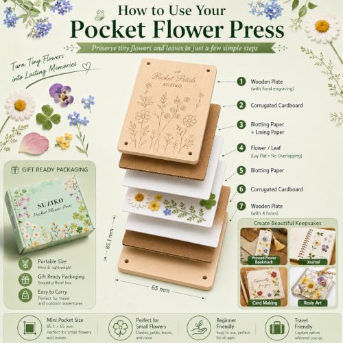 Suziko Pocket Flower Press Kit, Portable Mini Wooden Flower Press with10 Layers Drying Boards & Papers