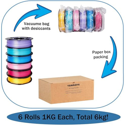 Silk PLA Filament Bundle 6KG, Shiny 3D Printer Filament 1.75mm - color: Silk Gold+cyan+purple+pink+light Blue+rose Red
