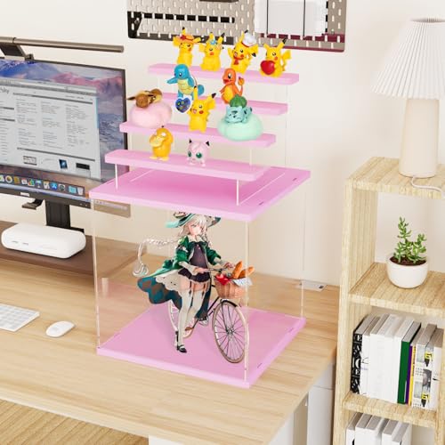 Acrylic Display Case for Collectibles, 5 Tier Figure Display Box with Door - color: Pink