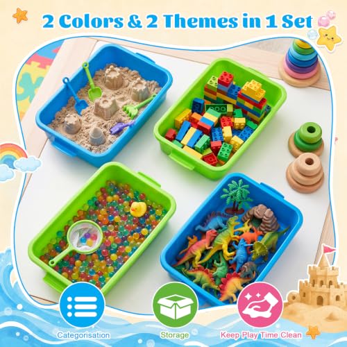 4 Pcs Sensory Bin Sand Tray with Lids for Toddlers, Green & Blue - color: Green & Blue