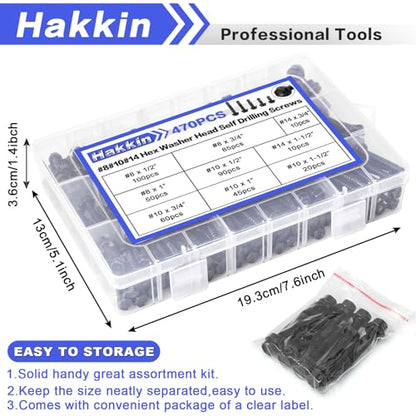 #8#10#14 470Pcs Self Drilling Screws for Metal, Hakkin Self Tapping Tek Screw Assortment Kit, Black Oxide 410 Stainless Steel Sheet Metal Screws Hex Washer Head 1/2" 3/4" 1" 1-1/2", Socket Included - size: M. #8#10#14