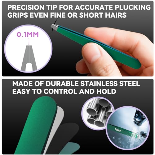 4-Piece Precision Tweezers Set - Stainless Steel Slant, Pointed, Flat & Angled Tips forEyebrow Shaping, Facial & Ingrown Hair Removal - Eco-Friendly Gift Packaging - Women& Men - color: Green