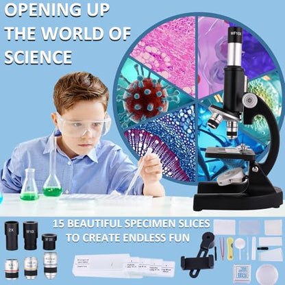 Microscope for Kids & Adults,40X-2000X Magnification Microscope for Kids 8-12, with LED Fill Light & Phone Holder, Great for School Labs and Home Schooling - color: black