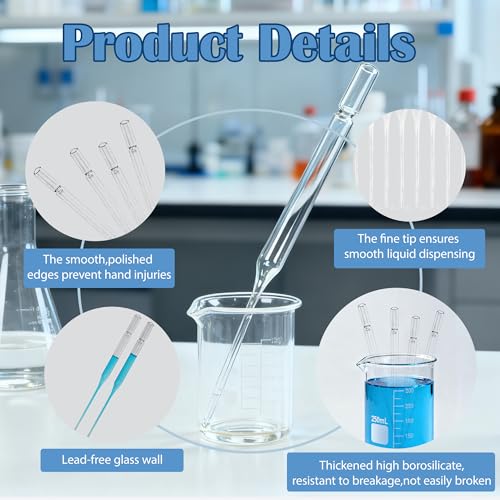 5-3/4 Inch Pasteur Pipettes, 250 Pcs Disposable Borosilicate Glass Pipettes