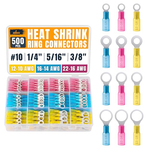 ALBO 500PCS Heat Shrink Ring Terminal Kit – Wire Terminal Connectors Assortment for 22-10 AWG, Waterproof Electrical Connectors Set – Tinned Copper Electrical Ring Terminals - color: Set AWG 22-10 500 pcs
