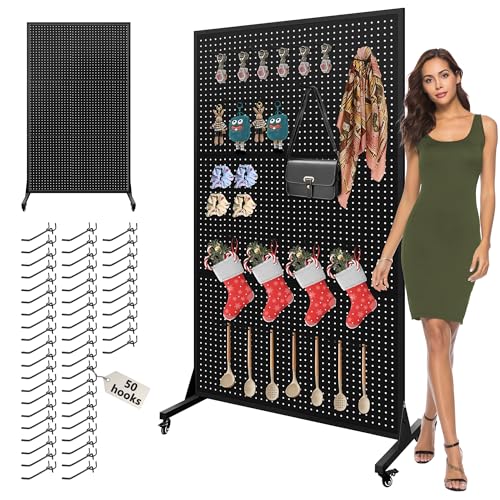 Royxen 3.5 x 6 Feet Metal Pegboard with 50 Hooks, Peg Board Display Stand with Wheels, Large Standing Pegboard Displaywith T-Base Art Display Stand for Retail Stores Exhibitions Homes (Black) - color: Black