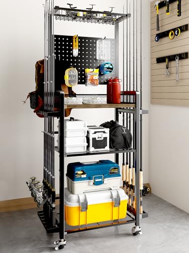 SOYEEZE Fishing Rod Holders for Garage,Fishing Gear Holder for Fishing Rod Tackle Box Storage，Fishing Pole Holders for 12 Rods with Hooks and Pegboard,Fishing Cart with Reel Rack, Standard Size - size: Standard with wheels