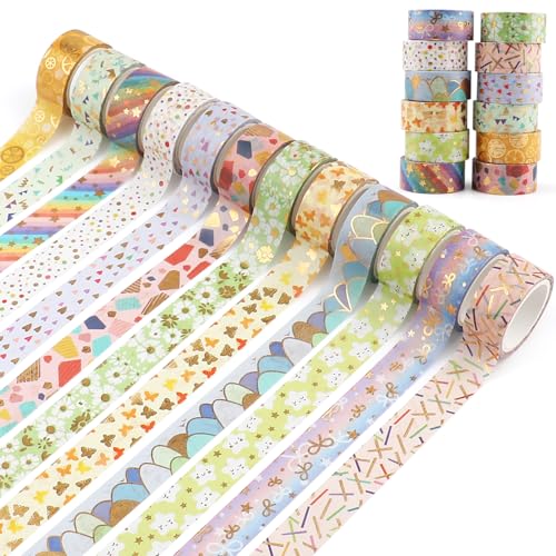 12 Rolls Gold Foil Floral Washi Tape Set,15mm Decorative Masking Tape for Journaling, Scrapbooking, Planners, DIY Crafts, Gift Wrapping(Spring Pastel Collection) - style: Golden Geometry