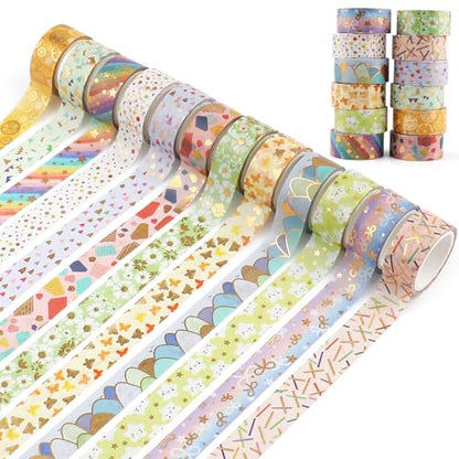 12 Rolls Gold Foil Floral Washi Tape Set,15mm Decorative Masking Tape for Journaling, Scrapbooking, Planners, DIY Crafts, Gift Wrapping(Spring Pastel Collection) - style: Golden Geometry