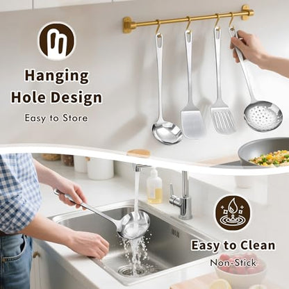 4 Pcs Cooking Utensils Set, Stainless Steel Kitchen Utensils, Heat Resistant Metal Kitchen Tools Include Solid & Slotted Turner Wok Spatula, Serving Spoon, Ergonomic Handle, Easy to Clean, Silver - color: B. 4 Pieces