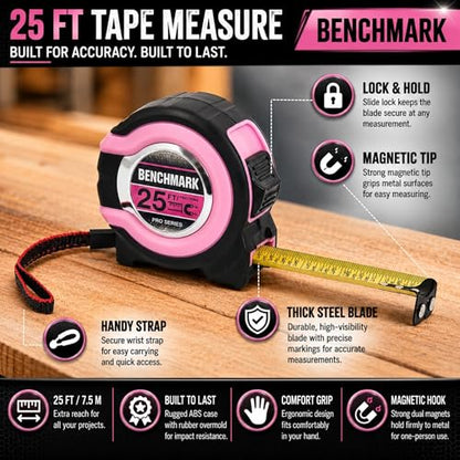 Benchmark - Pink - 3 Pack - 25 ft Tape Measures - Easy to Read Fractions to 1/8th inch - Magnetic Tip - Thumb and Quick Lock - Autowind - Belt Clip - size: Pink