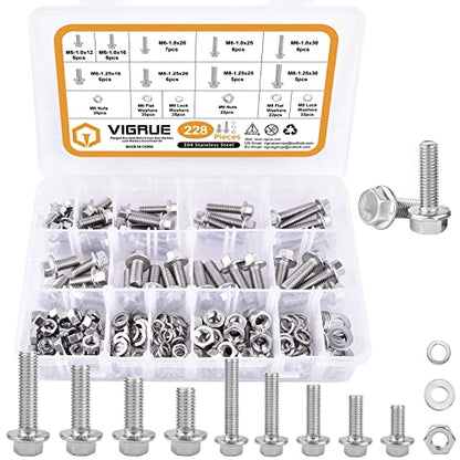 VIGURE 228PCS M6 M8 Metric Bolt Assortment Kit, M6 x 12/16/20/25/30mm Stainless Steel Flanged Hex Bolts and M8 x 16/20/25/30mm Flange Metric Bolts and Nuts Kit - size: 228PCS M6 M8 Metric Bolts