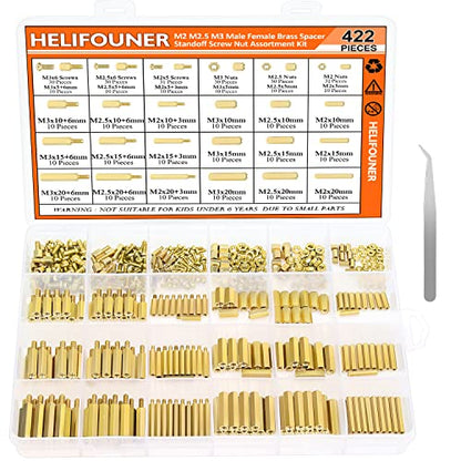 HELIFOUNER 422 Pieces M2 M2.5 M3 Male Female Hex Brass Spacers Standoffs Screws Nuts Assortment Kit, Threaded Pillar for Printed Circuit Board Motherboard - size: M2 M2.5 M3 Brass Standoff Set