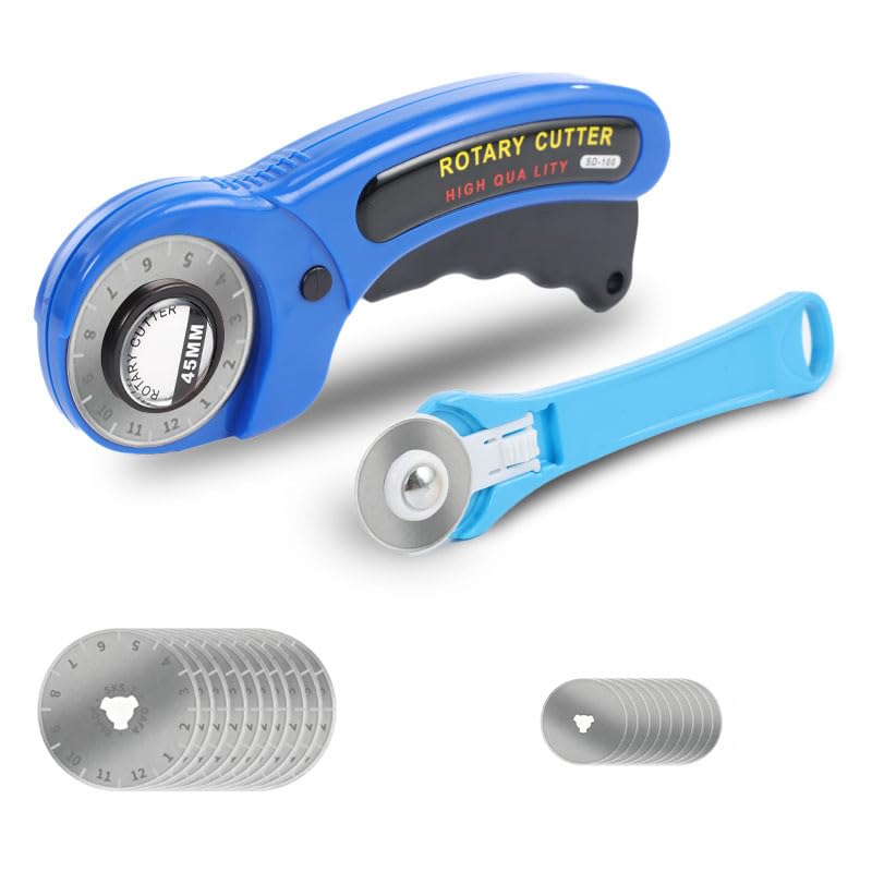 Rotary Cutter for Fabric, 45mm and 28mm Cutters Kit with Extra 10 Blades - color: Blue