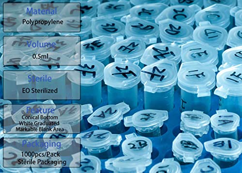0.5ml Microcentrifuge Tubes 1000pcs, EO Sterilized Plastic Small Vials with Caps for Sample Storage Without Leakage(1000) - size: Sterile 0.5ml 1000pcs