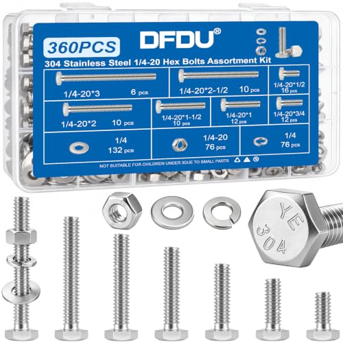 360PCS 1/4-20 Hex Head Bolt and Nut Assortment Kit 304 Stainless Steel - size: SS 1/4"-20 360PCS